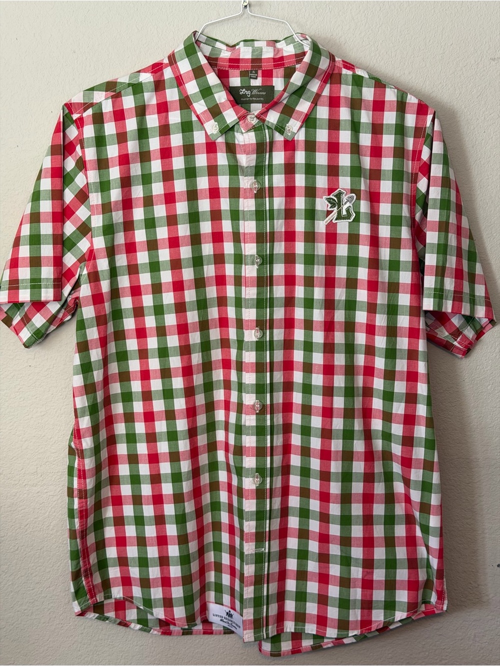 LRG Green Red White Checkered Short Sleeve Button Down Men XL